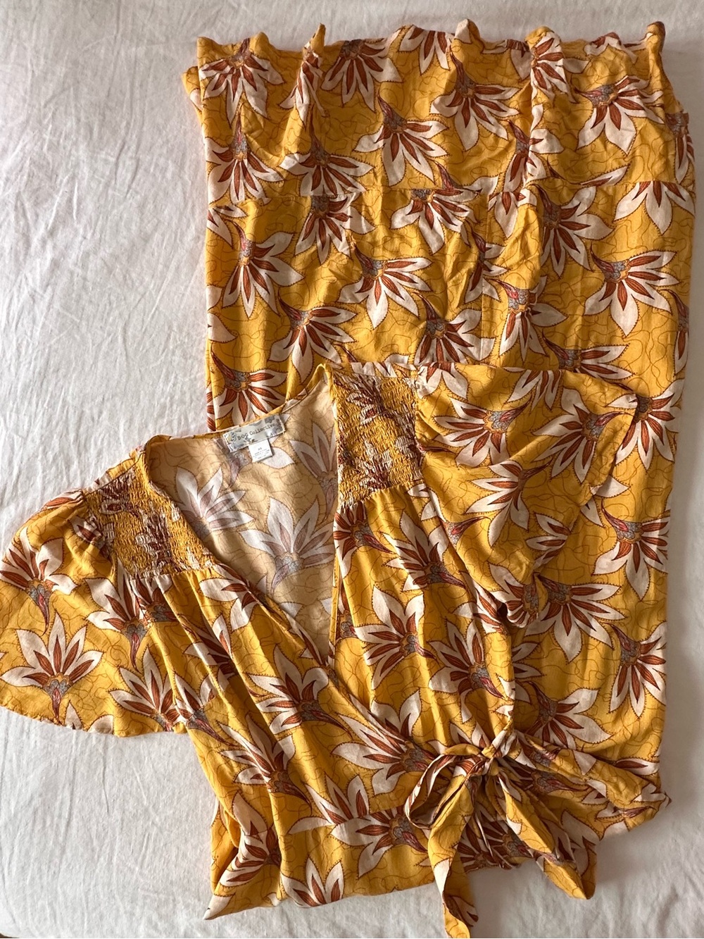 BOG Collective - Yellow Flutter Sleeve Wrap Dress with Floral Print (size XS)